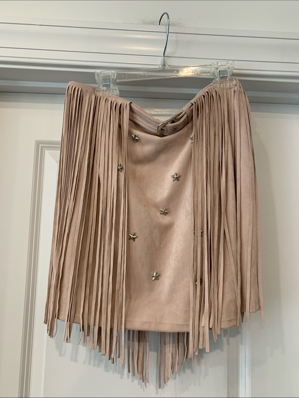 Kittenish Beige ultra Suede Fringe Mini Skirt with Silver Star Studs L